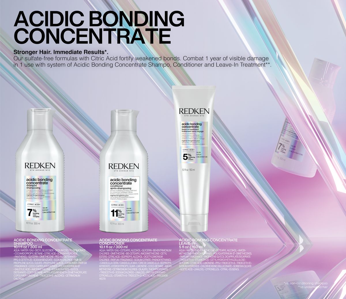 Redken Acidic Bonding Concentrate Shampoo -Conditioner -Leave-in Kit